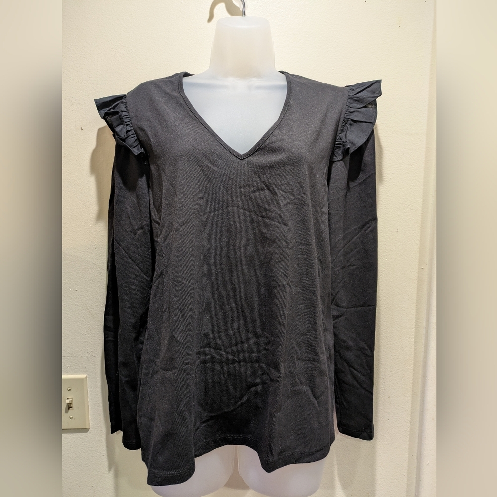 Chico's Charcoal Ruffle Sleeve V-Neck Blouse Size 3